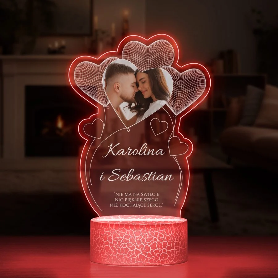 Lampka LED z nadrukiem na szkle akrylowym z sercem - dla pary