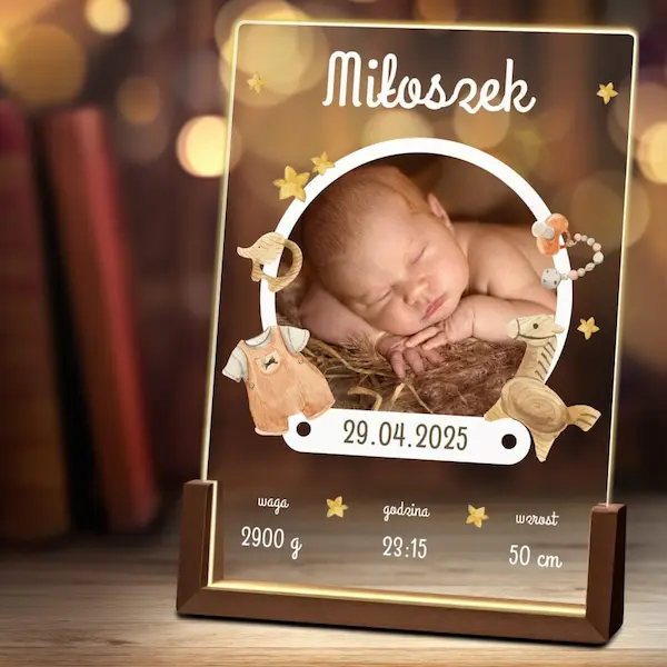 Lampka LED z nadrukiem na szkle akrylowym - z okazji narodzin