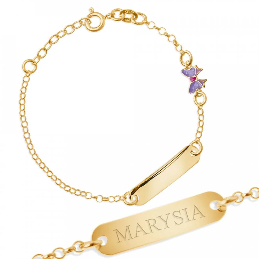 Bransoletka z grawerem, srebrna, pozłacana z kokardką - dla dziewczynki